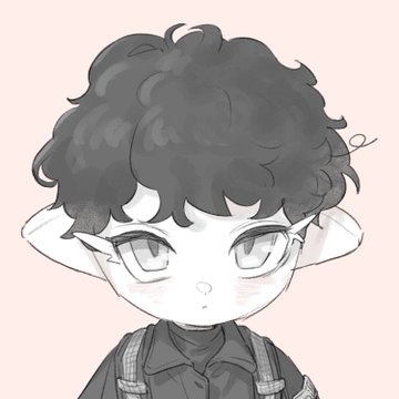 A grayscale digital drawing of a chibi-style character with large curly dark hair, pointed elf-like ears, and a button-up shirt with suspenders against a pale pink background.