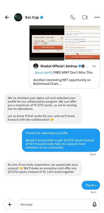 The image shows a Direct Message conversation on X (Twitter) between Esc Cap and "Shadat Official | Airdrop" where they negotiate increasing an airdrop collaboration allocation from 15 to 20 GTD (Guaranteed) spots, directly corresponding to the "20 GTD spots" giveaway highlighted in the accompanying post.