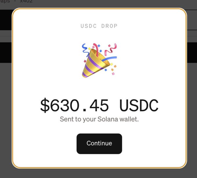 A "USDC DROP" confirmation screen showing $630.45 USDC successfully sent to a Solana wallet with a "Continue" button, illustrating the small reward amount that the post claims even large holders rushed to claim during the bear market.