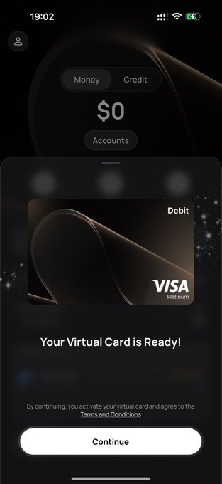 A mobile banking app screen from Wirex shows a virtual Visa Platinum debit card ready for activation, with a $0 balance display and "Money/Credit" toggle at the top, alongside a "Continue" button to proceed with the onboarding flow.