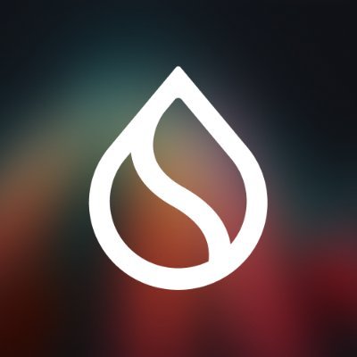 A white stylized teardrop or leaf-shaped logo with an S-curve inside, set against a dark blurred background with colorful light streaks.