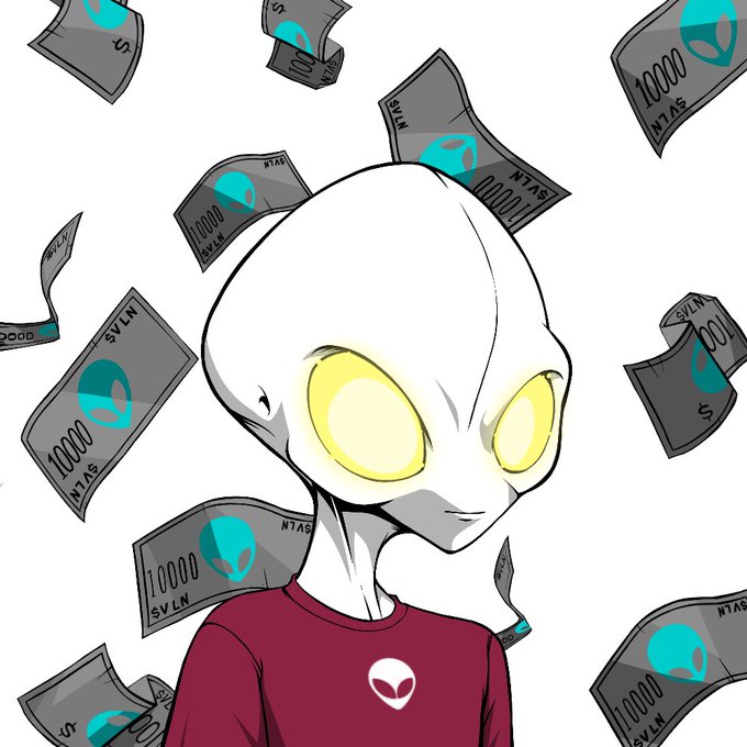 An illustration of a grey alien with glowing yellow eyes wearing a maroon shirt stands in front of floating grey "10000 SVLN" notes and teal logos, suggesting a meme about Sui coin currency.