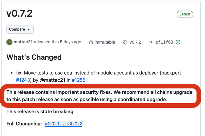 A release notes page for cosmos/evm v0.7.2 shows a red-boxed warning stating "This release contains important security fixes. We recommend all chains upgrade to this patch release as soon as possible using a coordinated upgrade," released by mattac21 5 days ago—highlighting that critical security patches were available but several Cosmos EVM chains (MANTRA, TAC, Nesa) were exploited before they could coordinate their upgrades.