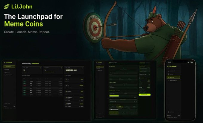 The image promotes "LilJohn," described as "The Launchpad for Meme Coins" with the tagline "Create. Launch. Meme. Repeat.," featuring an illustrated bear archer aiming at a bullseye alongside dashboard and mobile app mockups showing a token creator interface with a balance of $395600.00. This visually supports the announcement that the $LILJOHN launchpad is debuting on Robinhood Chain.