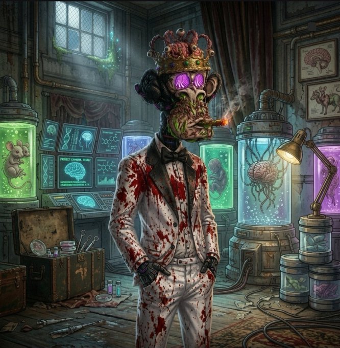 The image features a man dressed in a suit, smoking a cigarette while standing in front of a machine with a skull and crossbones design. The man appears to be wearing a crown, which adds an element of mystery or intrigue to his appearance. The caption suggests that people are interested in what the man is collecting today, possibly related to the skull and crossbones theme.