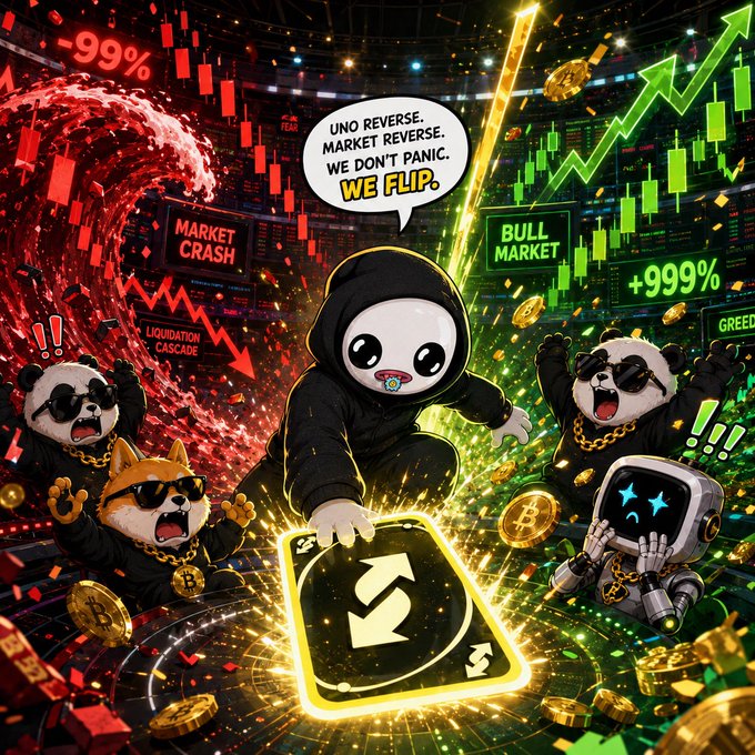 The image features a cartoon panda wearing a black hoodie, surrounded by other cartoon pandas with sunglasses and gold chains around their necks. The scene takes place in an office setting with stock market graphs visible behind them. A caption below the image reads "Gm @grok and replies guys".