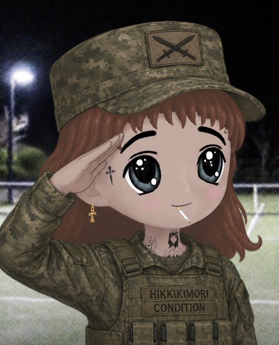 An anime-style chibi girl with brown hair in a camouflage military uniform saluting, wearing a hat with crossed rifles patch and a vest labeled "HIKKIKIMORI CONDITION".