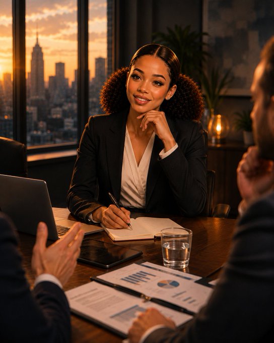 A woman in a black blazer sits at a desk during a business meeting, smiling while taking notes, with financial documents and a laptop in front of her and a city skyline visible through the window behind her.