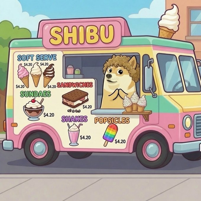 A cartoon illustration of a pink and green ice cream truck labeled 'SHIBU' featuring a dog mascot, with a menu displaying soft serve, sundaes, sandwiches, shakes, and popsicles all priced at $4.20.