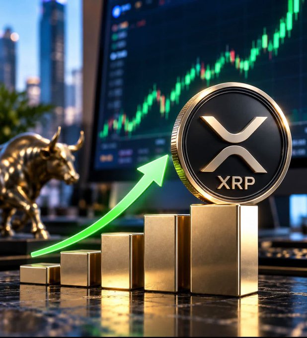 A financial promotional image featuring a golden XRP coin resting on ascending gold bars with a green upward arrow, a bull statue, and a candlestick chart in the background.