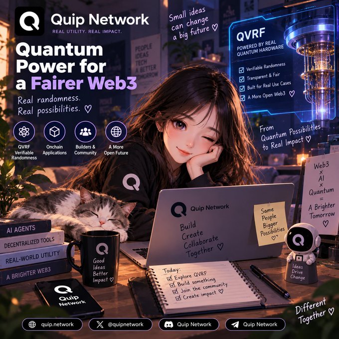 A promotional graphic for 'Quip Network' featuring an anime-style girl with a laptop and cat, promoting 'Quantum Power for a Fairer Web3' with features like 'QVRF Verifiable Randomness' and 'Onchain Applications'.