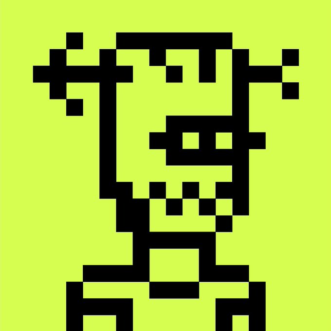 A black pixelated/8-bit style character figure displayed on a bright lime green background.