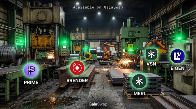 The image depicts an industrial factory setting with sparks flying from machinery, overlaid with cryptocurrency token logos and names—PRIME, SRENDER, VSN, MERL, and EIGEN—alongside the text "Available on GalaSwap." This visually represents the post's announcement that these five tokens are now available for swapping on the GalaSwap platform, with the factory imagery symbolizing the active, behind-the-scenes work of the GalaSwap ecosystem.