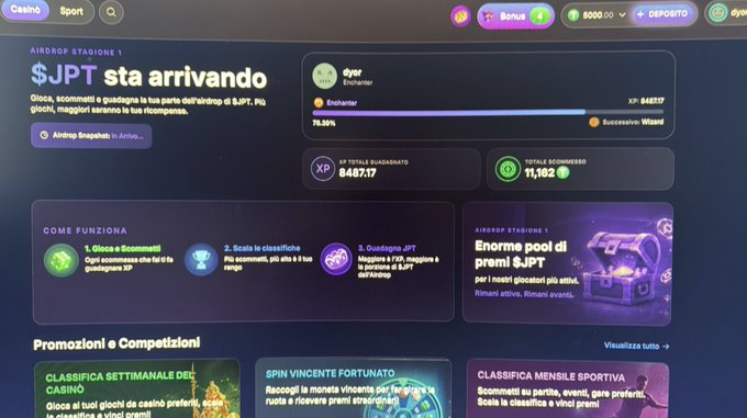 A screenshot of the Casino Spin website showing the '$JPT sta arrivando' Airdrop Stagione 1 event with progress at 78.36% and 848717 XP total.