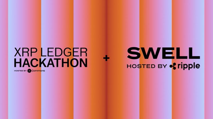 The image features a pink and orange gradient background with logos for "XRP LEDGER HACKATHON" (hosted by XRPL Commons) and "SWELL" (hosted by Ripple), separated by a plus sign. This visually represents the connection between the two events mentioned in the post, promoting the hackathon as a direct pathway to Swell in New York on October 24-25.