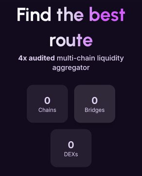 A dark-themed mobile app interface titled 'Find the best route' describing itself as a '4x audited multi-chain liquidity aggregator' with counters showing 0 Chains, 0 Bridges, and 0 DEXs.