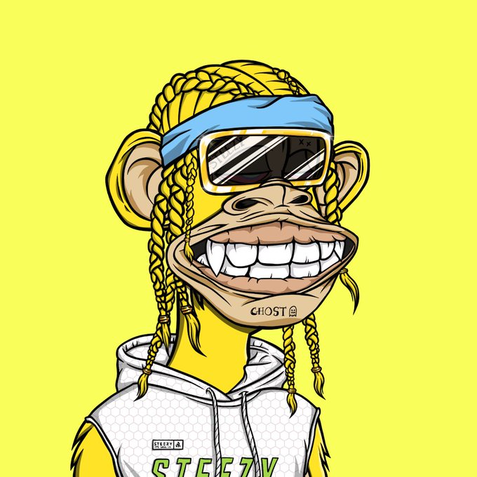 A cartoon ape with blonde braided hair, yellow goggles, a wide toothy grin, and "CHOST" tattooed on its chin, wearing a white honeycomb-patterned hoodie with "STEEZY" visible.