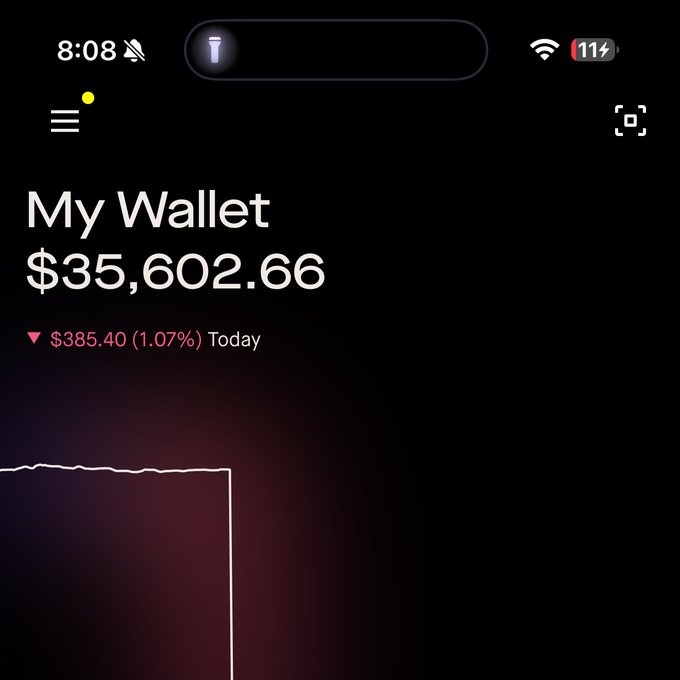 A screenshot of the Robinhood Wallet app displays a "My Wallet" balance of $35,602.66, showing a daily decline of $385.40 (1.07%) with a dark-themed UI. The image showcases the sleek interface the poster is praising, though the portfolio is currently down for the day.
