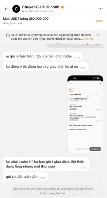 A Facebook post from 'ChuyenGiaDuDinh88' selling USDT for 60,000,000 VND, showing a banking transaction screenshot and messaging about trading crypto peer-to-peer.