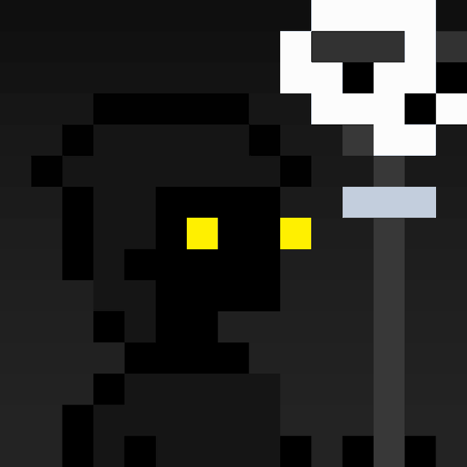 A minimalist pixel-art illustration of a black creature with yellow eyes holding a scythe with a white handle and light blue band.