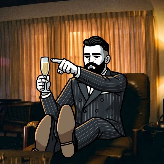 A 2D animated character in a pinstripe suit sits in an armchair, holding a champagne glass and pointing forward against a warm curtained backdrop.
