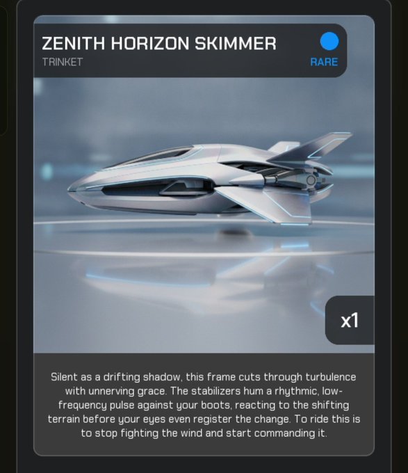 A trading card or game item titled 'ZENITH HORIZON SKIMMER' classified as a RARE TRINKET, featuring a sleek silver futuristic vehicle with the description: 'Silent as a drifting shadow, this frame cuts through turbulence with unnerving grace. The stabilizers hum a rhythmic, low-frequency pulse against your boots, reacting to the shifting terrain before your eyes even register the change. To ride this is to stop fighting the wind and start commanding it.'