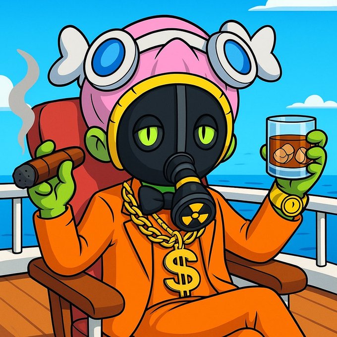 A cartoon illustration of a green-skinned character wearing a pink hat with goggles, a gas mask, an orange jumpsuit, and gold chains, holding a cigar and a glass of whiskey while sitting on a chair by the sea.