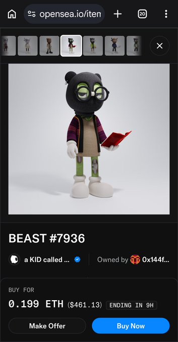 A mobile screenshot of an OpenSea NFT listing page showing 'BEAST #7936' by 'a KID called...' priced at 0.199 ETH ($461.13) with 9 hours remaining.