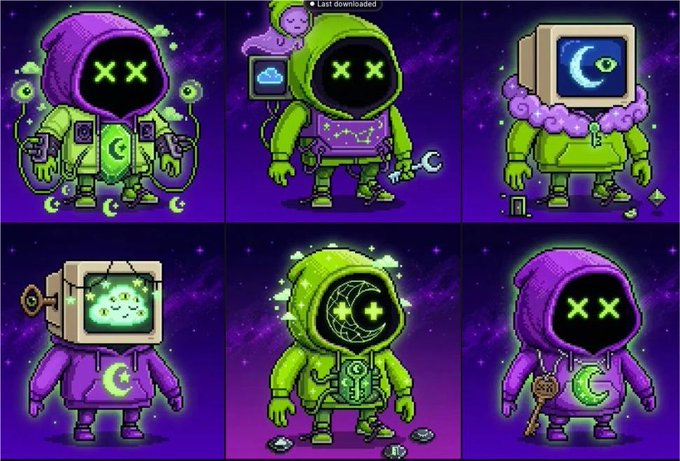 A grid of six pixel-art characters in purple and green hoodies with glitchy, tech-themed designs (including X eyes, CRT monitor heads, and crescent moon motifs) against a starry space background, illustrating the NFT collection mentioned in the post by @pixelord.