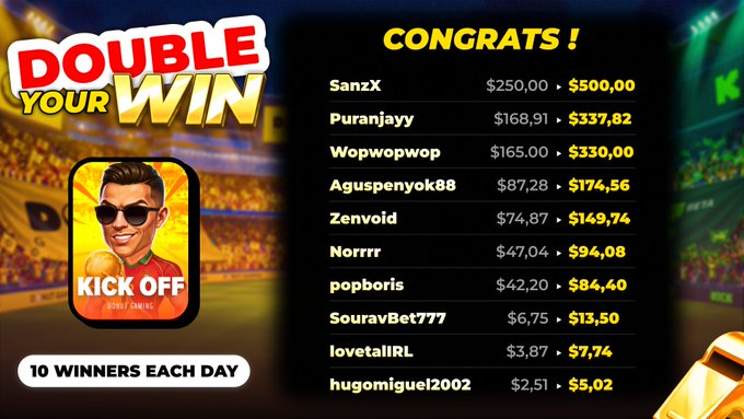 The image features a poster for a game that has been won by multiple people. The poster displays the names of the winners along with their respective scores, indicating that they have achieved double your win status. The text on the poster congratulates the winners and encourages them to keep an eye on their stake accounts as more wins are expected.