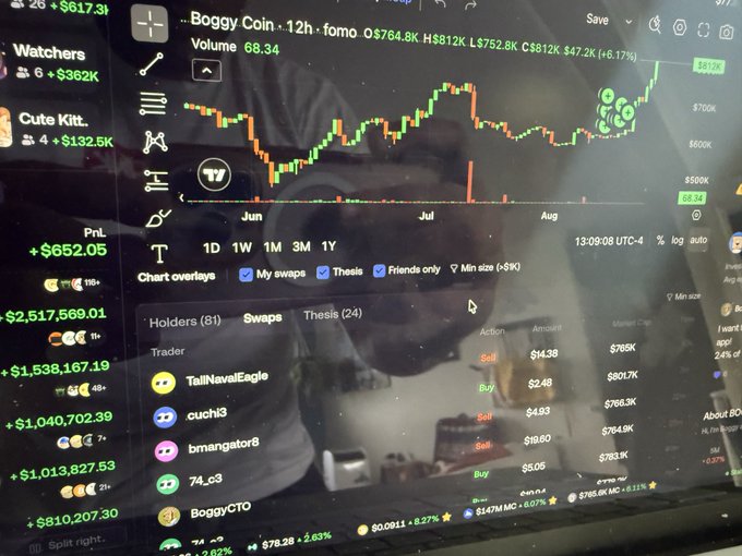 A cryptocurrency trading chart for 'Boggy Coin' showing a volume of 68.34, price at $812K with 6.17% change, and lists of holders and swappers including TallNavalEagle and cuchi3.