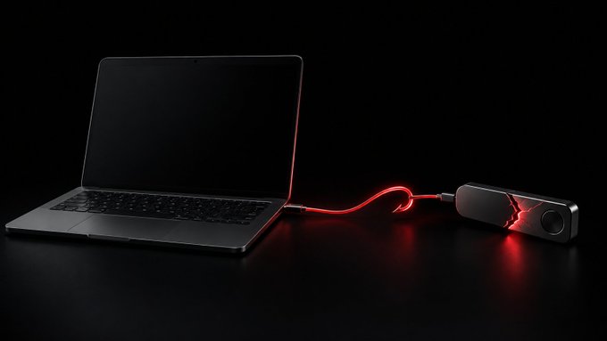 An open laptop with a red-glowing edge sits on a dark surface, connected by a glowing red cable to an external solid-state drive emitting red light.