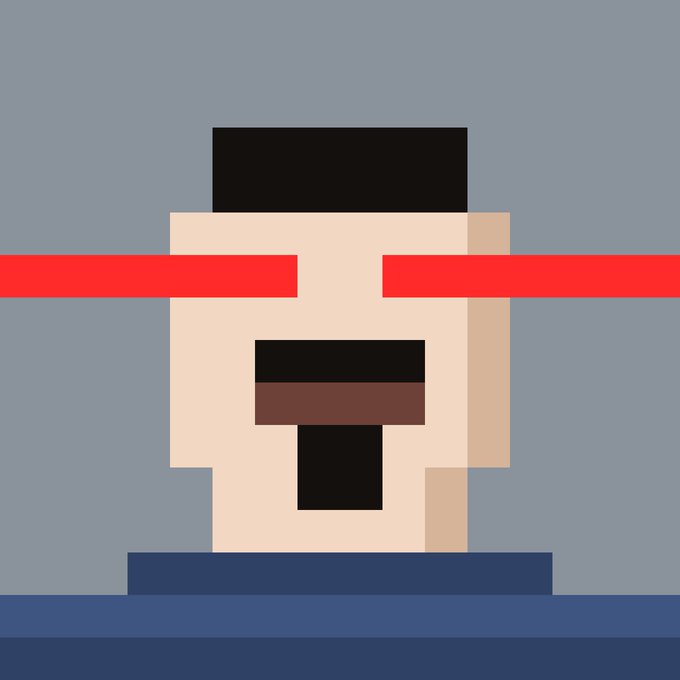 A minimalist pixel art image depicting a simple character with black hair, a beard, and a red headband against a gray background.
