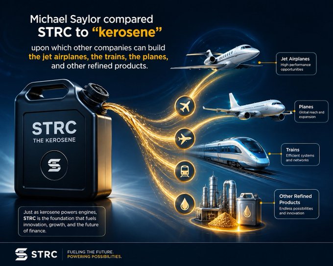 The image is a promotional graphic for STRC (with the tagline "The Kerosene - Fueling the Future, Powering Possibilities") that visually illustrates Michael Saylor's comparison of STRC to kerosene, showing a fuel canister pouring golden liquid that transforms into jet airplanes, commercial planes, trains, and other refined products. Text on the image reinforces this metaphor, stating that "just as kerosene powers engines, STRC is the foundation that fuels innovation, growth, and the future of finance," directly tying to the accompanying post's description of Saylor's perspective on STRC's potential role as a foundational resource for building other financial products and strategies.
