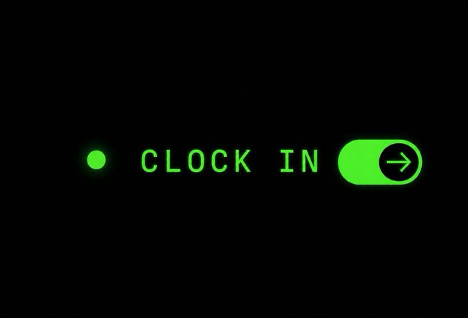 A digital clock-in interface on a black background featuring glowing green text that reads 'CLOCK IN' alongside a green toggle switch and indicator dot.