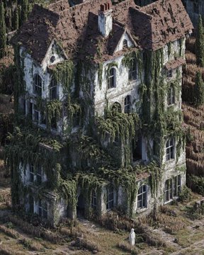 An abandoned, multi-story mansion with a damaged roof is overgrown with dense green ivy, set in a barren landscape.