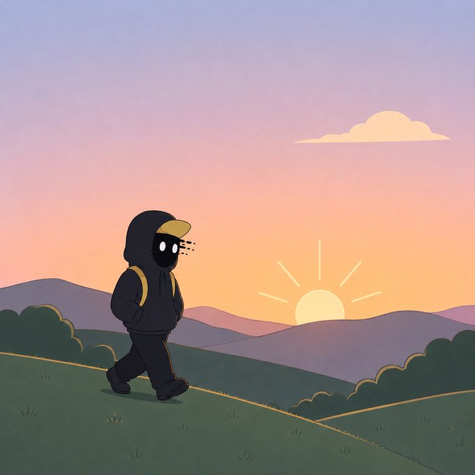 A digital illustration of a hooded figure in black walking across a grassy landscape at sunset.