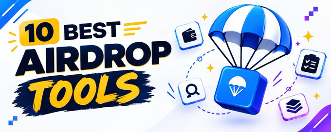 A vibrant promotional graphic featuring the bold text "10 BEST AIRDROP TOOLS" alongside a 3D illustration of a parachute delivering a blue package, surrounded by floating app icons. The imagery visually reinforces the post's message about essential tools for airdrop farmers, featuring a sleek, modern design with blue, yellow, and white tones.
