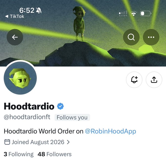 TikTok profile screenshot for 'Hoodtardio' (@hoodtardionft) showing a green goblin-like character avatar, 48 Followers, and 'Joined August 2026'.
