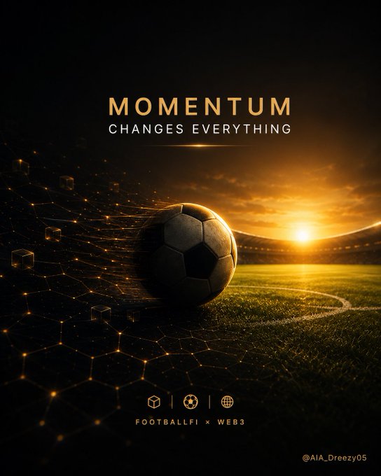 A promotional graphic for 'MOMENTUM: CHANGES EVERYTHING' featuring a soccer ball on a stadium field with digital network/hexagon overlay effects, branding for 'FOOTBALLFI x WEB3' with icons of a cube, soccer ball, and globe, credited to @AIA_Dreezy05.