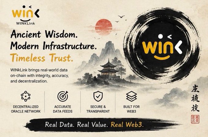 Promotional graphic for 'WINKLink' featuring the slogan 'Ancient Wisdom. Modern Infrastructure. Timeless Trust.' with an ink wash painting of a pagoda and mountains, highlighting a decentralized oracle network.