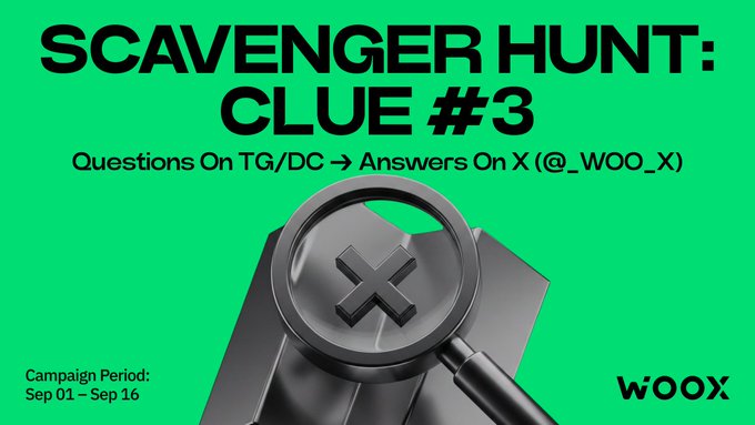 A bright green promotional graphic announces 'SCAVENGER HUNT: CLUE #3' with a magnifying glass icon over an 'X', detailing a campaign period from Sep 01 to Sep 16 by 'WOOX'.