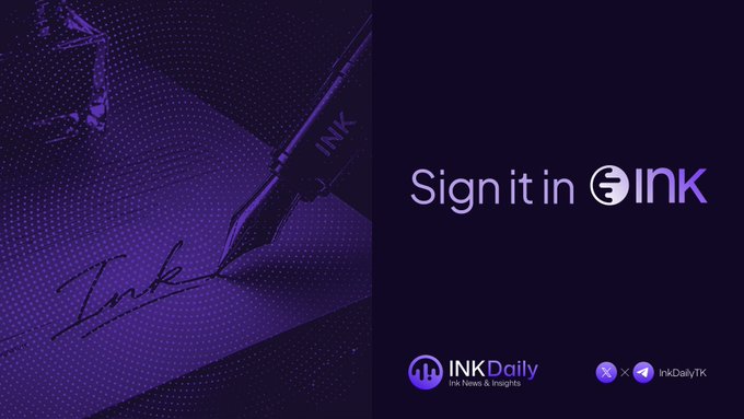 A promotional graphic for INK Daily displays a stylized fountain pen signing a document, with the tagline "Sign it in INK" and the INK logo, alongside the INK Daily logo (Ink News & Insights) and InkDaily1K social handles. The image ties to the post about Kraken launching a prop firm with an $INK connection, suggesting the "INK" branding as a clever visual link to signing and trading.