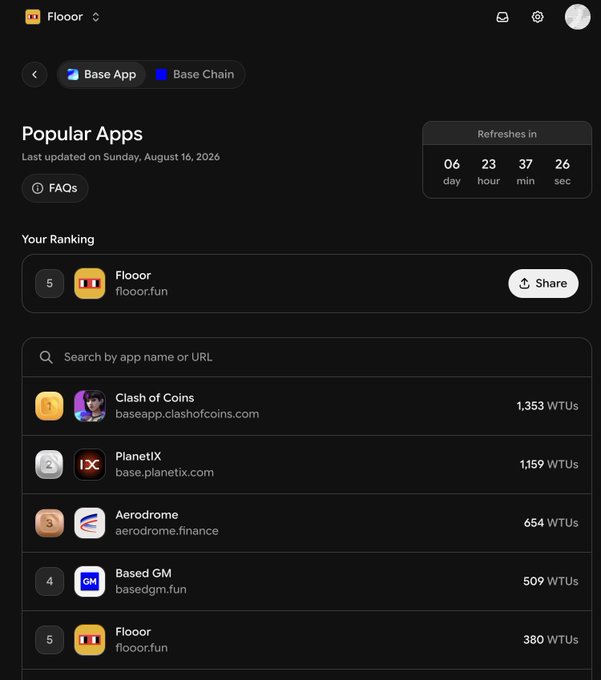 A Base App ranking page on Flooorr showing Flooor ranked 5th, with popular apps including Clash of Coins (1,353 WTUs), PlanetIX (1,159 WTUs), Aerodrome (654 WTUs), Based GM (509 WTUs), and Flooor (380 WTUs).