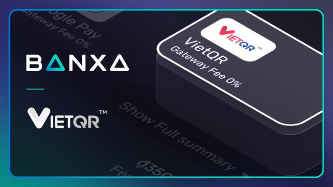 A promotional graphic for BANXA and VietQR showing a card reader with 'Gateway Fee 0%' text, highlighting a payment integration partnership.