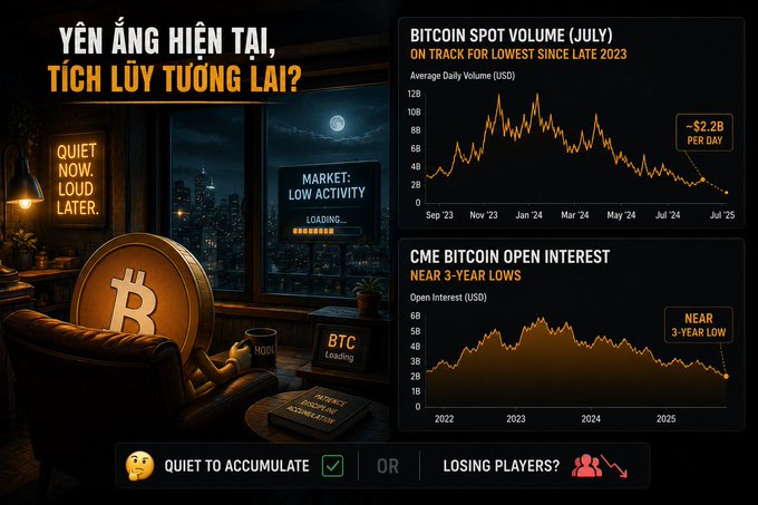 The image features a moody scene of a person relaxing in an armchair with a Bitcoin coin, alongside two charts showing Bitcoin spot volume at ~$2.2B/day (lowest since late 2023) and CME Bitcoin open interest near a 3-year low, visually reinforcing the post's question of whether the current market quietness signals accumulation or a loss of market participants.