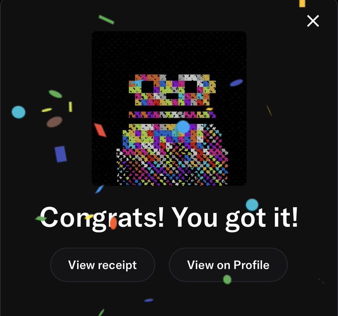 A Spotify Wrapped-style celebration screen displays a colorful mosaic emoji art image with the text 'Congrats! You got it!' alongside buttons to 'View receipt' and 'View on Profile'.
