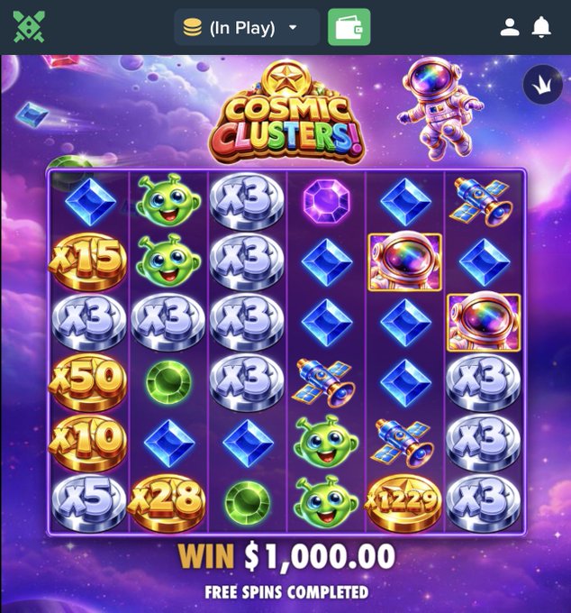 A "Cosmic Clusters!" slot game screen displays a winning combination on a cosmic purple background, with the bottom row showing a x5, x28 multiplier, green alien, and a gold coin marked "x1229" along with a "WIN $1,000.00" and "FREE SPINS COMPLETED" banner, visually confirming the post's claim of a massive 1000x multiplier win on the first round.