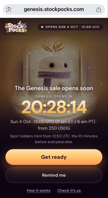 A mobile website screenshot from genesis.stockpocks.com displaying a countdown timer for "The Genesis sale" with a cartoon character and options to "Get ready" or "Remind me".