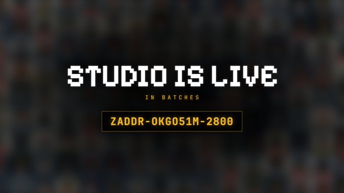 A pixel-style title screen reading 'STUDIO IS LIVE' in white, 'IN BATCHES' in gold, with the code 'ZADDR-0KG051M-2800' displayed in a gold-bordered box.